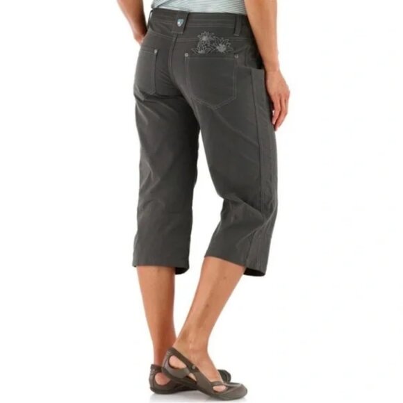 KUHL Capri Womens 4 Gray Green Kendra Hiking Cropped Pants Embroidered Flowers - Picture 1 of 14